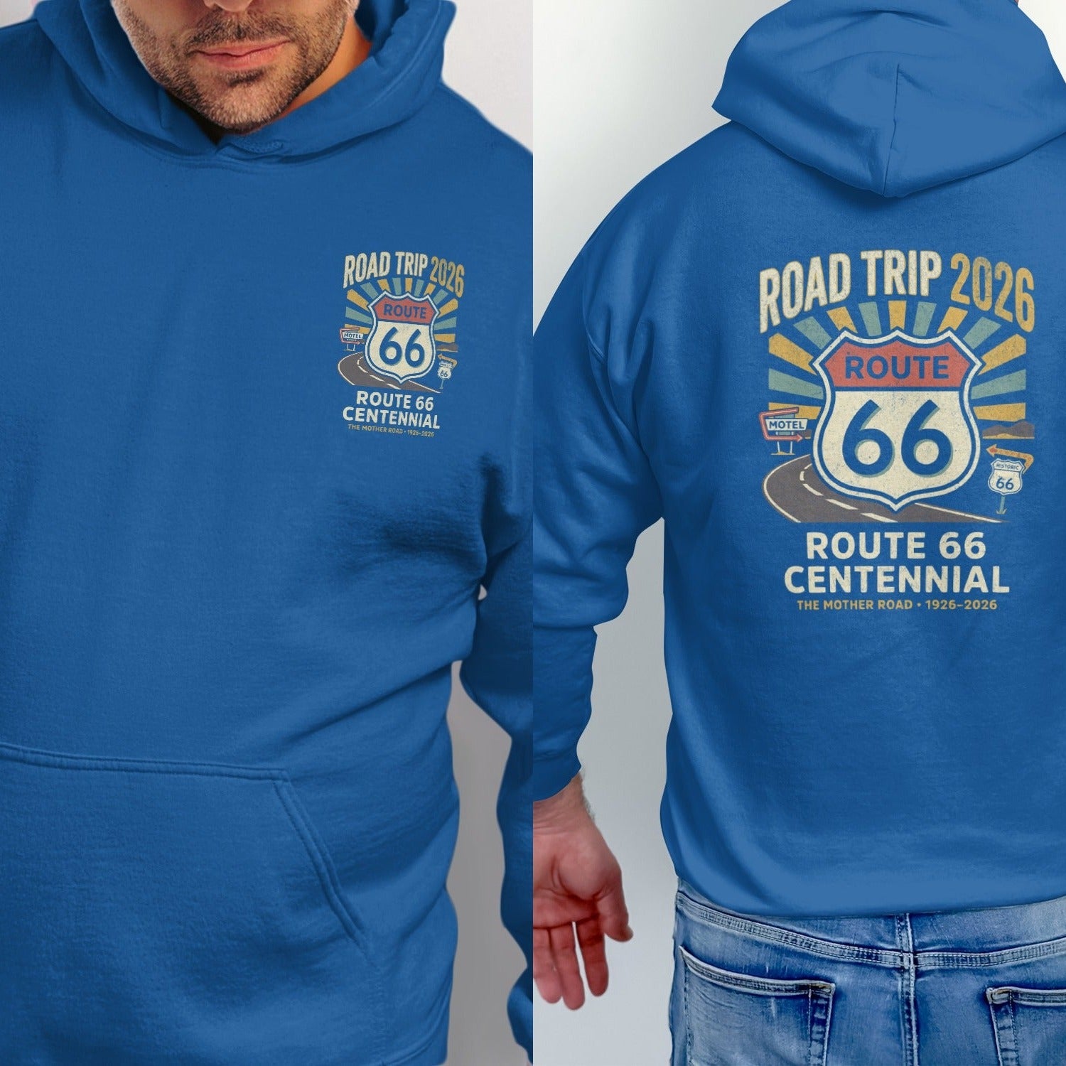 Route 66 Centennial hoodie with "Road Trip 2026" and centennial graphics.