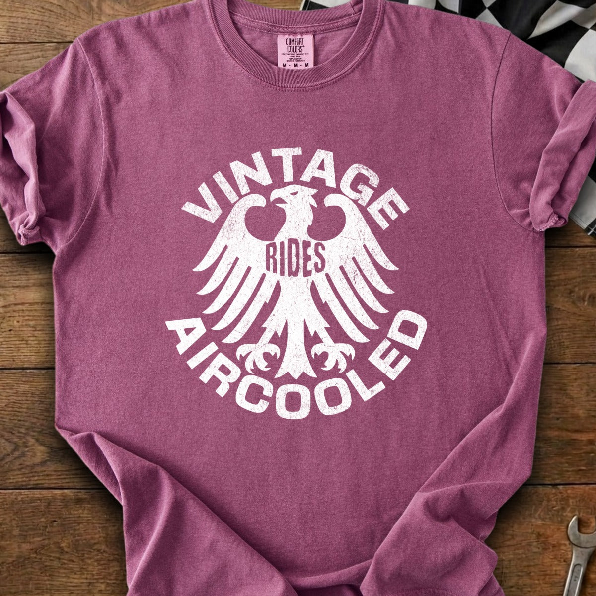 Plum t-shirt with graphic of eagle, "Vintage Rides Aircooled" text.