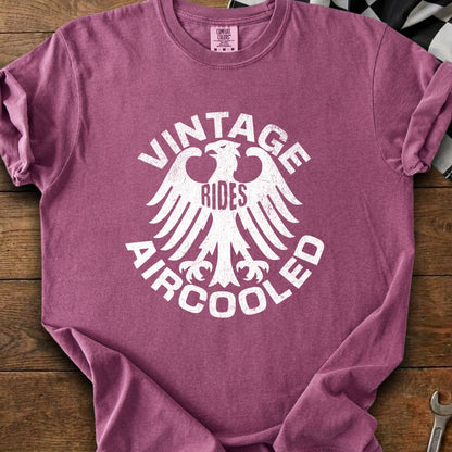 Plum t-shirt with graphic of eagle, "Vintage Rides Aircooled" text.