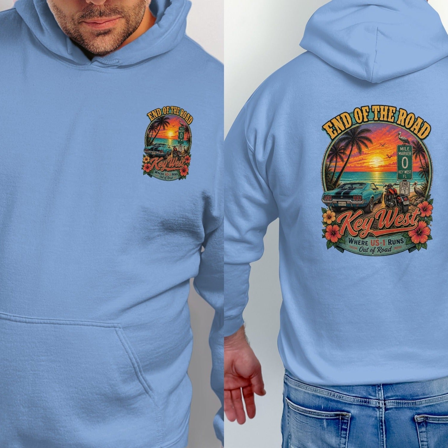 Light blue hoodie with "Key West End of the Road" graphic on the back.