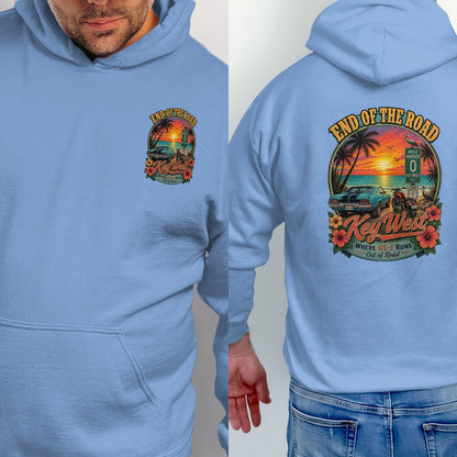 Light blue hoodie with "Key West End of the Road" graphic on the back.