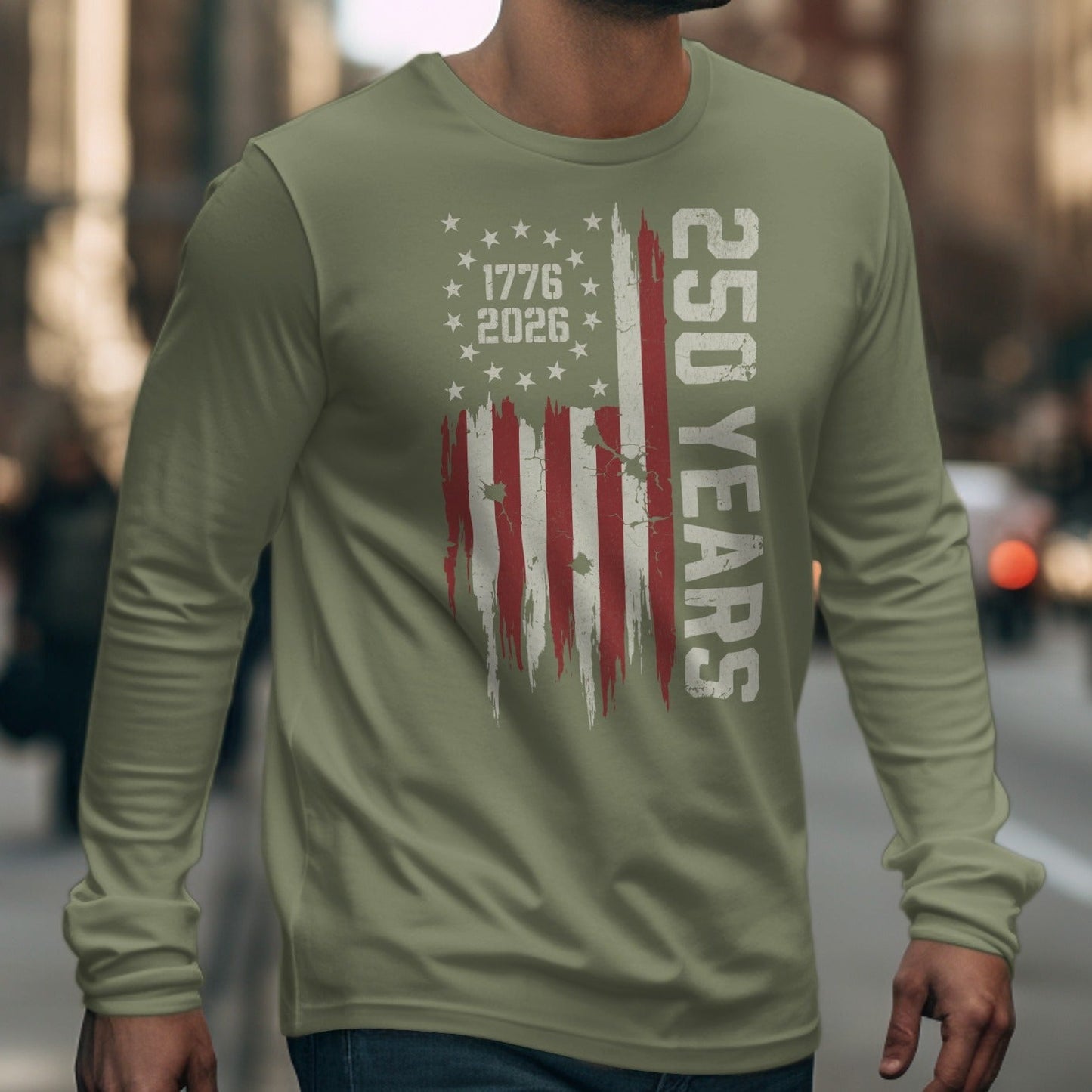 Olive long sleeve shirt with distressed American flag and "250 Years" text.