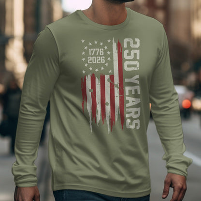 Olive long sleeve shirt with distressed American flag and "250 Years" text.
