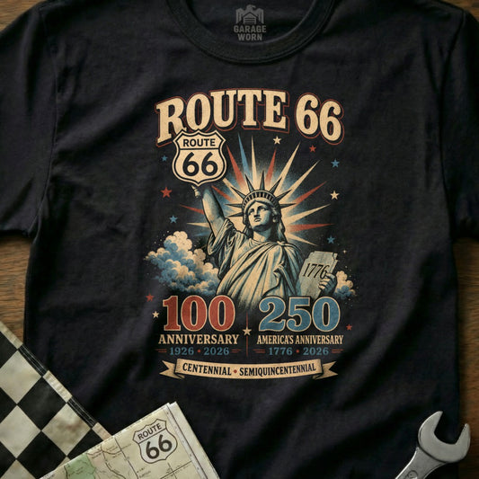 Dark t-shirt with Route 66 and Statue of Liberty, celebrating 100/250 year anniversaries.