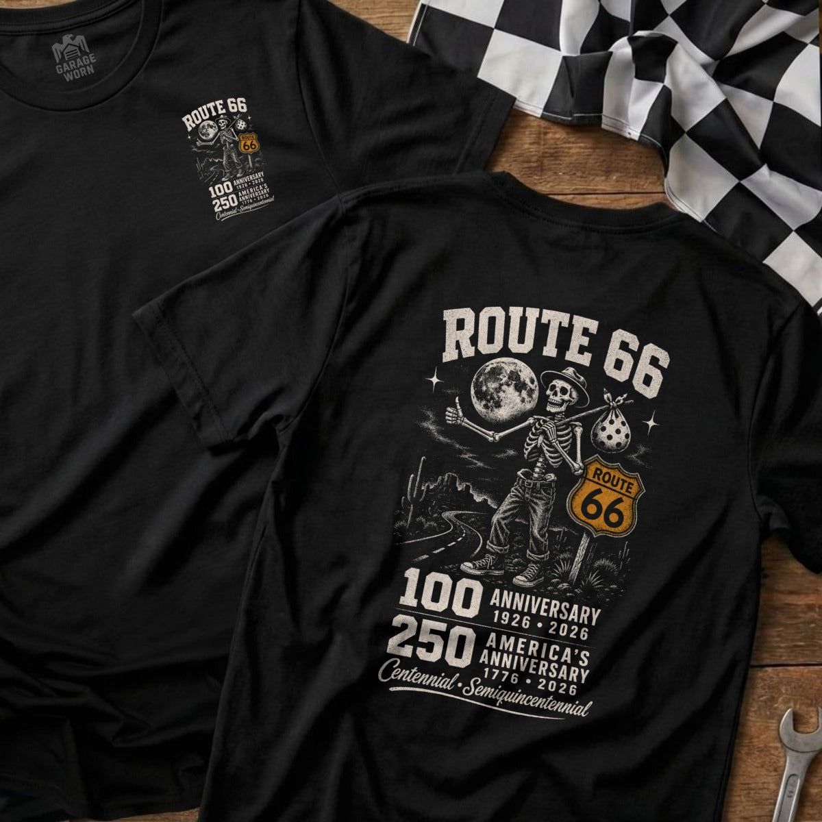 Black t-shirt with Route 66 skeleton graphic, moon, desert, and anniversary dates.