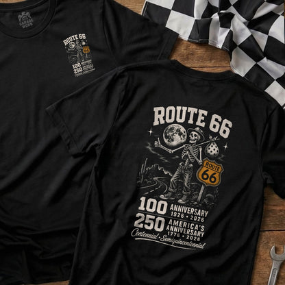 Black t-shirt with Route 66 skeleton graphic, moon, desert, and anniversary dates.