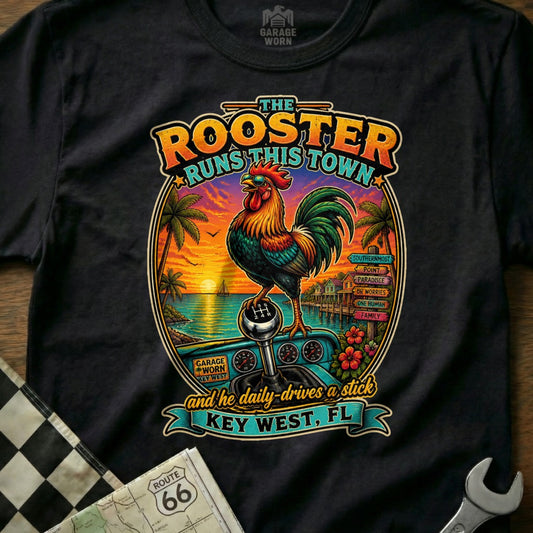 Rooster on a stick shift, Key West, FL graphic with "The Rooster Runs This Town".