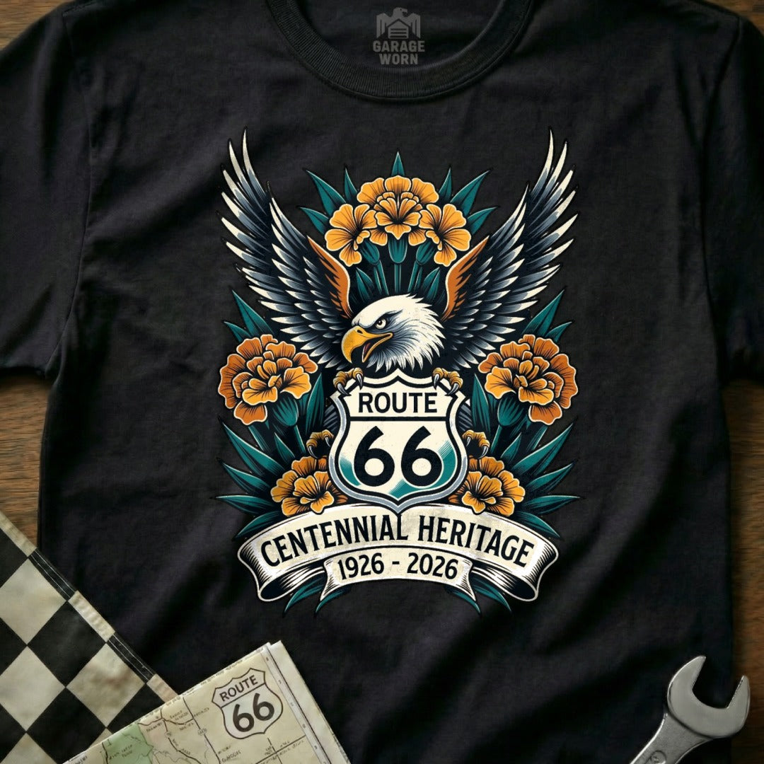 Black t-shirt with Route 66 Centennial Heritage eagle and floral design.
