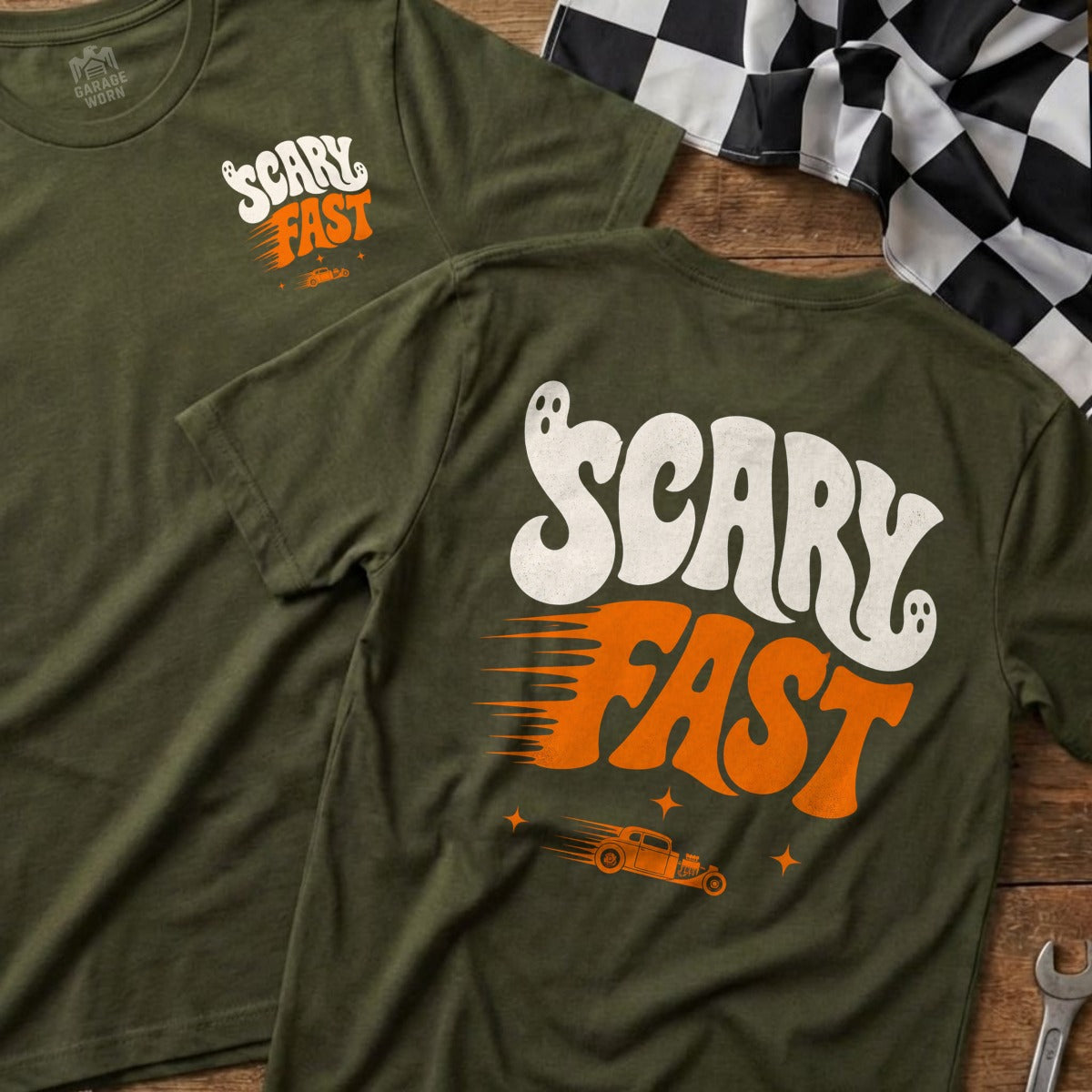 Green t-shirt with "Scary Fast" text and ghost graphics, showing front and back.