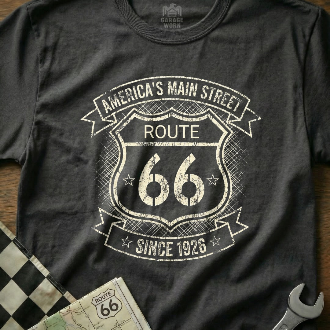 Dark grey t-shirt with Route 66 "America's Main Street" distressed graphic.