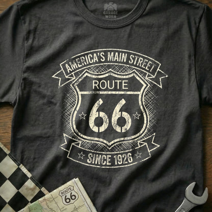 Dark grey t-shirt with Route 66 "America's Main Street" distressed graphic.