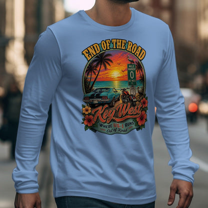 "End of the Road" Key West graphic on a light blue long-sleeve shirt.