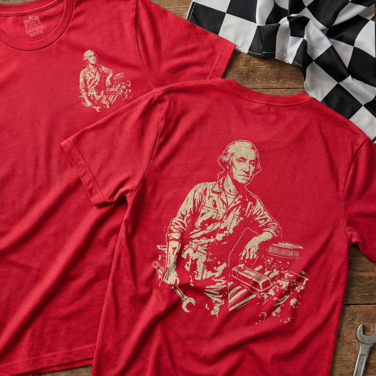 Red t-shirt with George Washington and engine parts graphic.