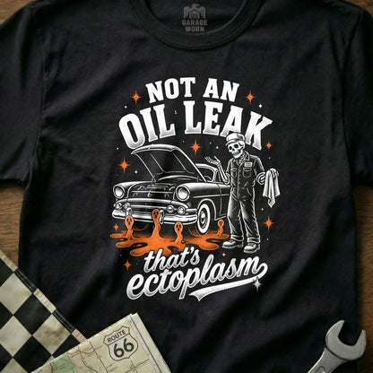 Black t-shirt with skeleton mechanic and classic car that's ectoplasm graphic.