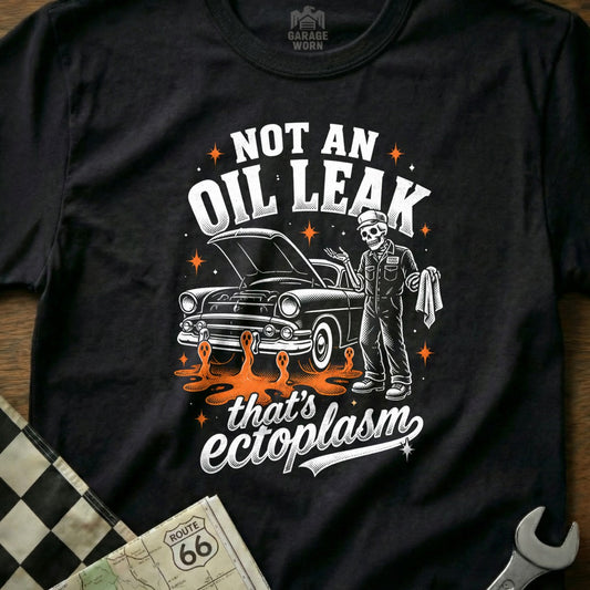 Black t-shirt with skeleton mechanic and classic car that's ectoplasm graphic.