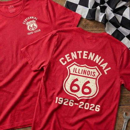 Red t-shirts with "Centennial Illinois 66 1926-2026" shield logo.