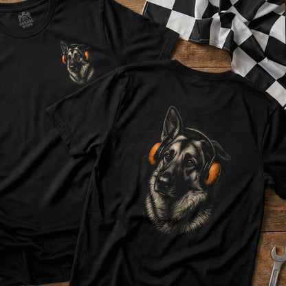Black t-shirt with German Shepherd wearing orange headphones graphic on back.