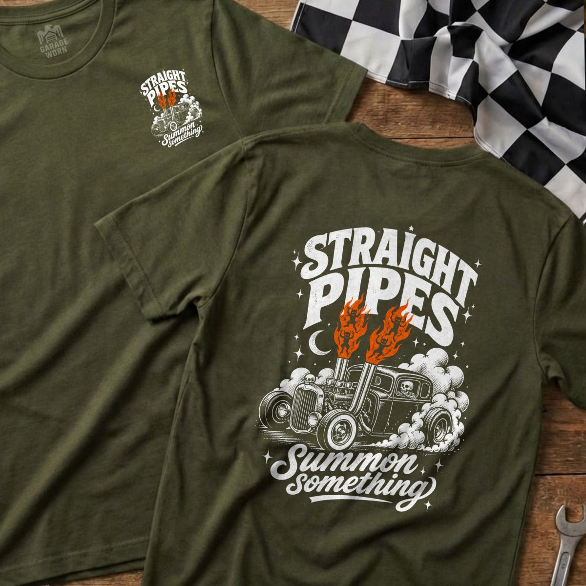 Green t-shirt with "STRAIGHT PIPES Summon Something" text and hot rod graphic.
