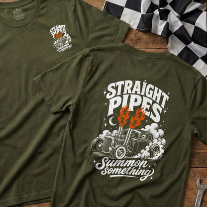 Green t-shirt with "STRAIGHT PIPES Summon Something" text and hot rod graphic.
