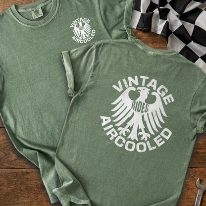 Green t-shirts featuring white eagle graphic with "VINTAGE RIDES AIRCOOLED" text.