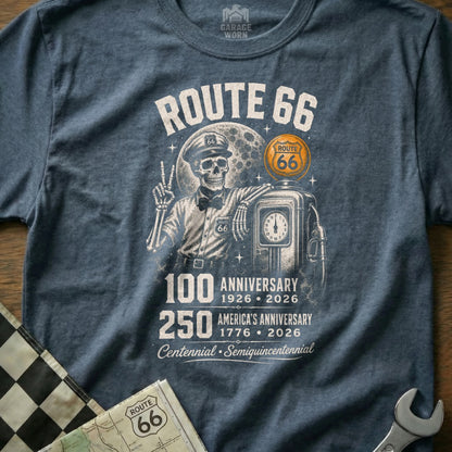Blue t-shirt with Route 66 skeleton, gas pump, and anniversary dates graphic.