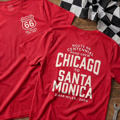 Red t-shirt featuring Route 66 Centennial graphics with Chicago to Santa Monica route.