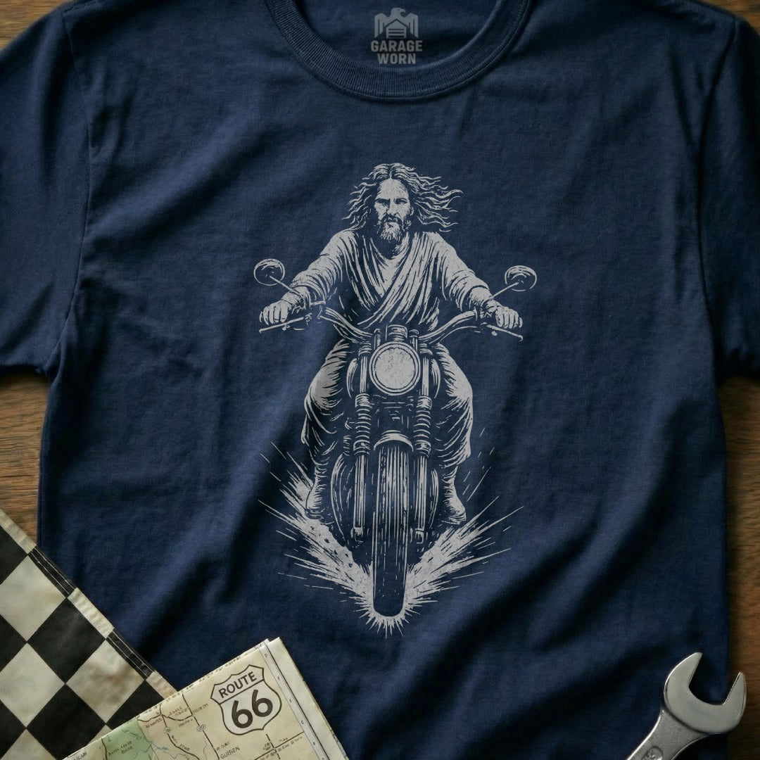 Jesus Riding Motorcycle with Route 66 T-Shirt
