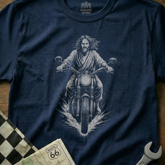 Jesus Riding Motorcycle with Route 66 T-Shirt