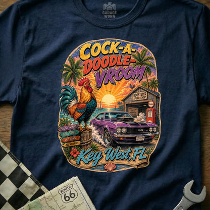 Cock-a-Doodle Vroom Key West, FL graphic with rooster, purple car, and speed shop.