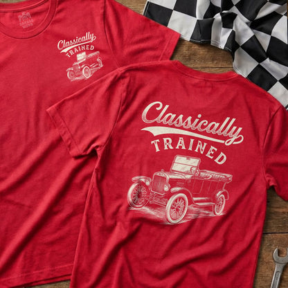 Red t-shirts with "Classically Trained" text and vintage car graphic.