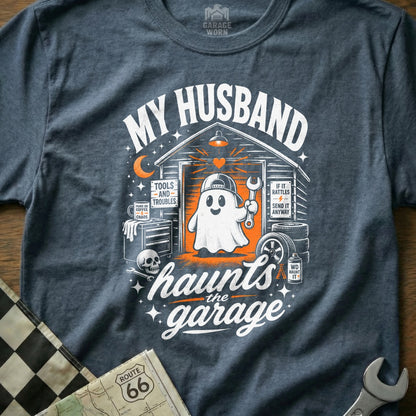 "My Husband Haunts the Garage" graphic with a ghost holding a wrench in a garage.
