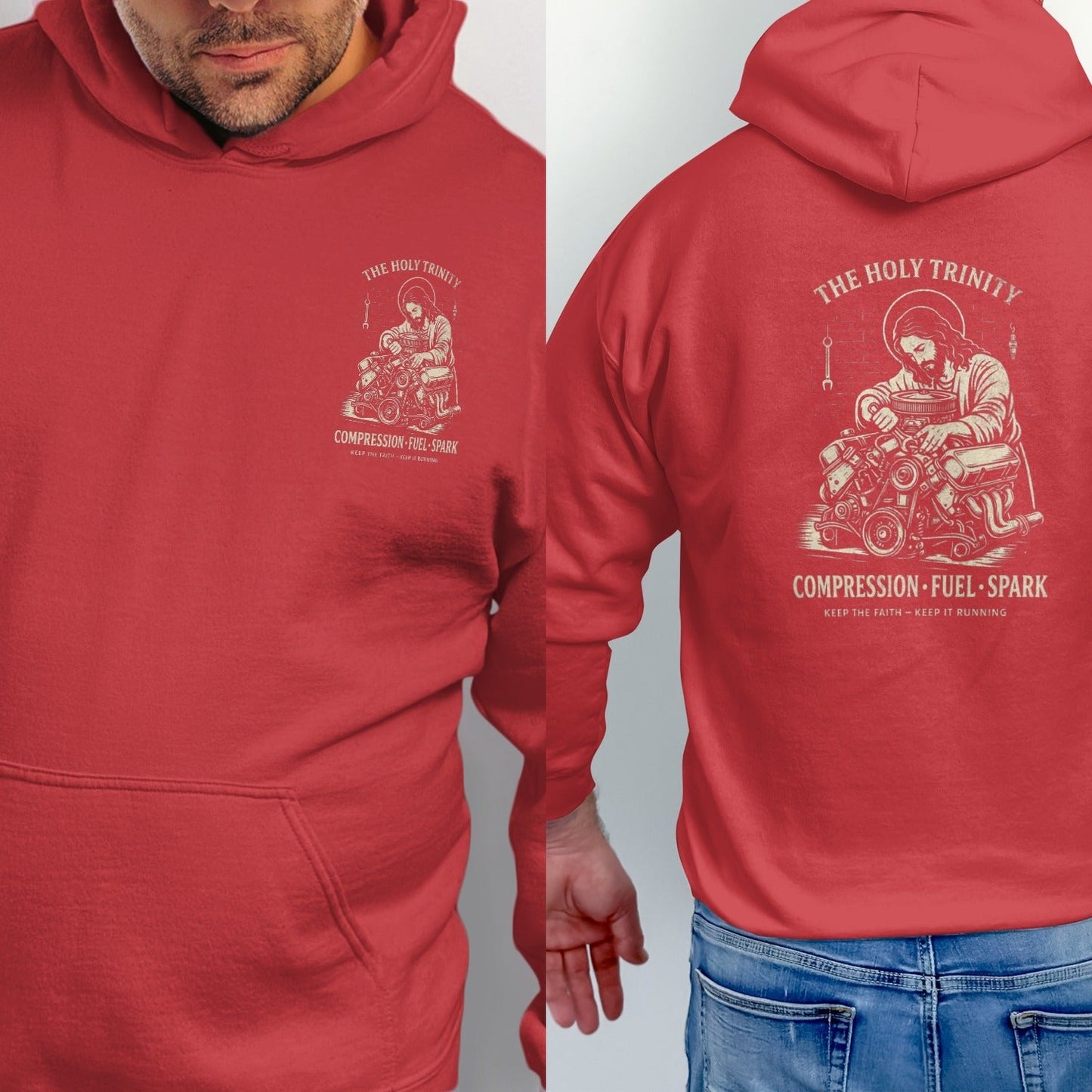 Red hoodie with graphic of Jesus working on an engine, "The Holy Trinity" and "Compression-Fuel-Spark".