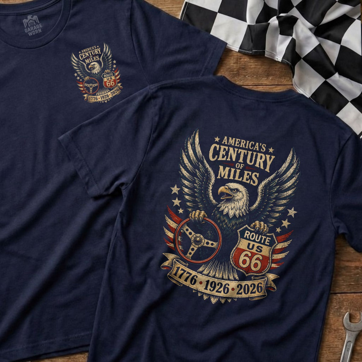 Navy t-shirt with eagle, steering wheel, Route 66, and patriotic stars.