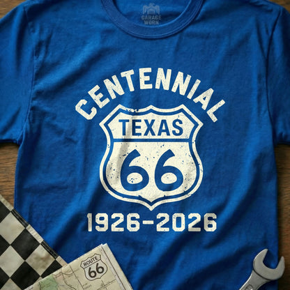 Blue t-shirt with "Centennial Texas Route 66 1926-2026" graphic.