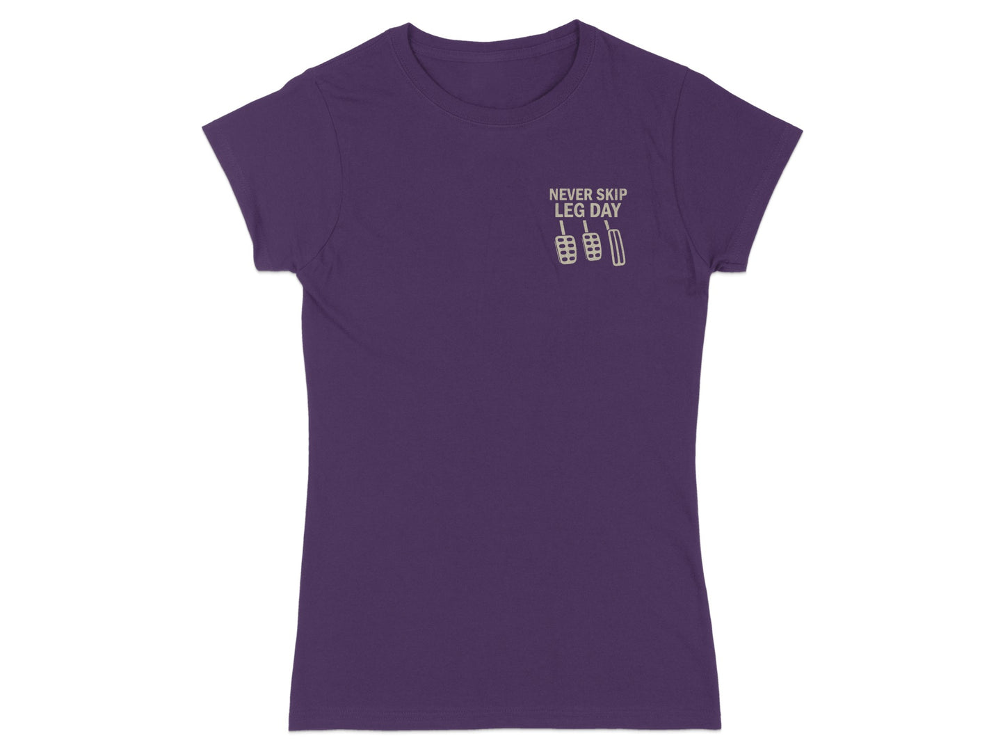 Purple t-shirt with "NEVER SKIP LEG DAY" and pedal graphic.