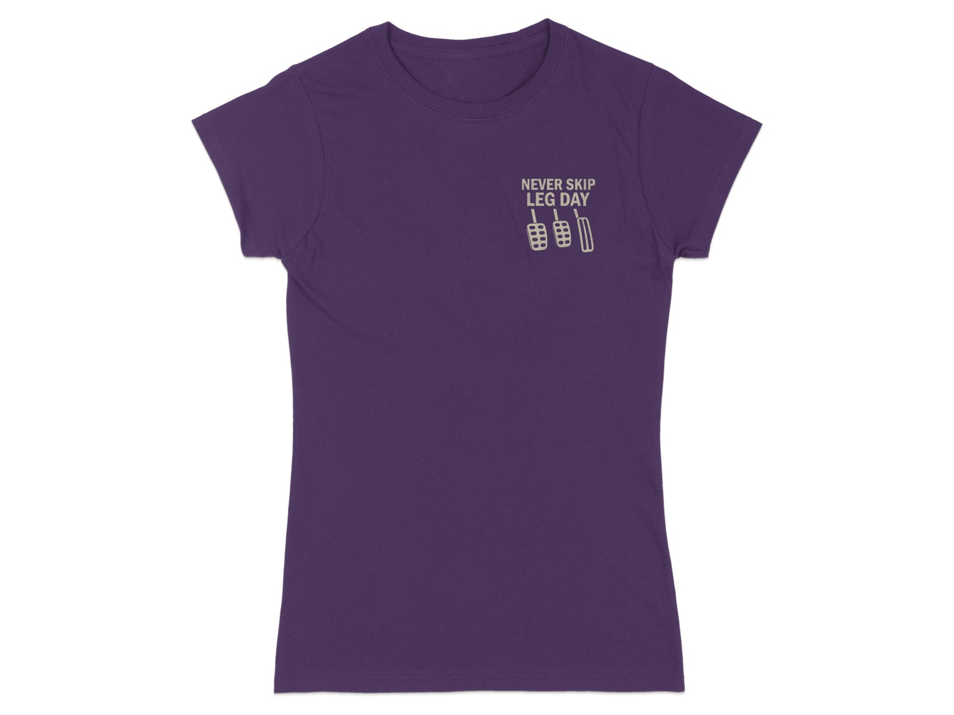 Purple t-shirt with "NEVER SKIP LEG DAY" and pedal graphic.