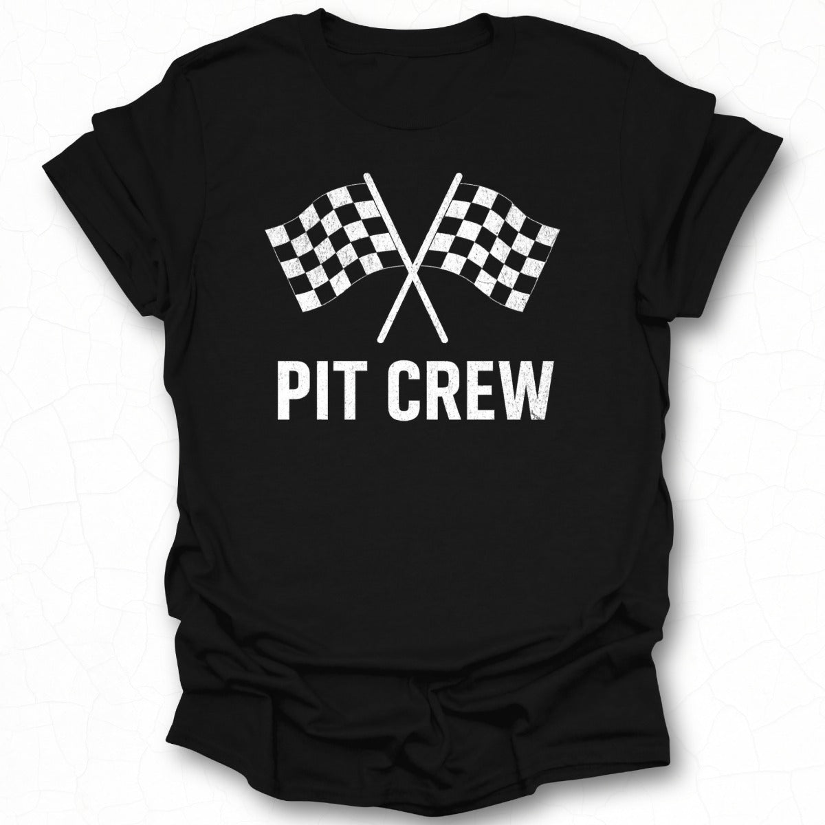 Pit Crew Graphic Tee with Racing Flags Design