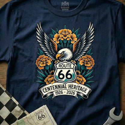Navy t-shirt with eagle, Route 66 logo, flowers, and text.