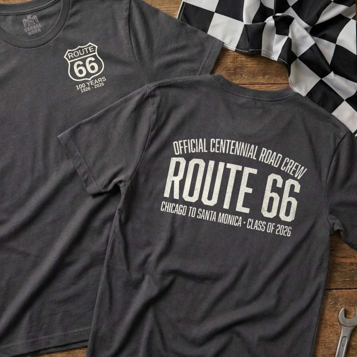 Dark t-shirts with Route 66 centennial graphics: "100 Years 1926-2026" and "Official Centennial Road Crew".