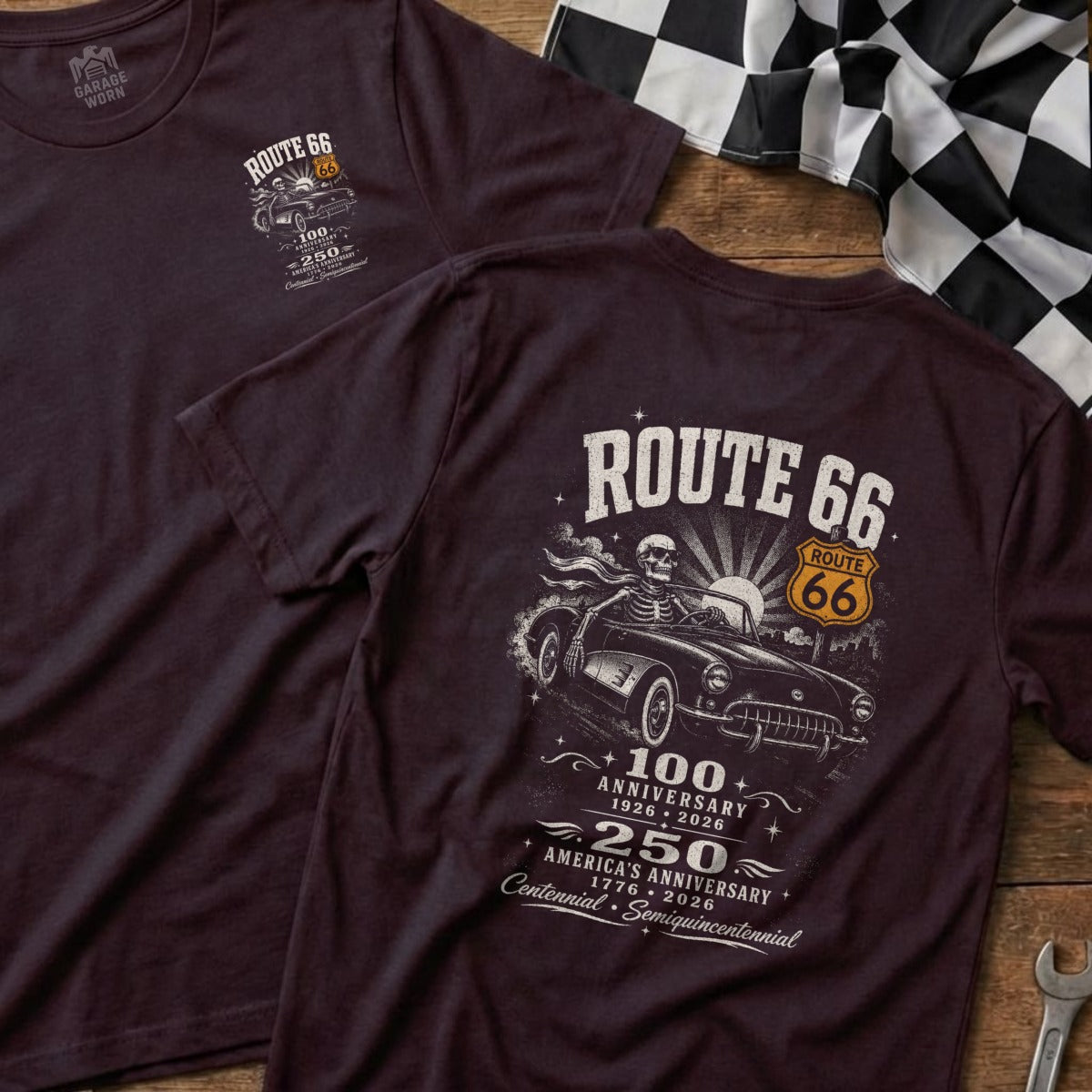 Route 66 t-shirt with skeleton driving a classic car, celebrating anniversaries.