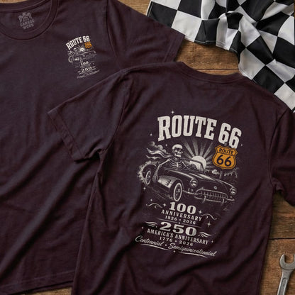 Route 66 t-shirt with skeleton driving a classic car, celebrating anniversaries.