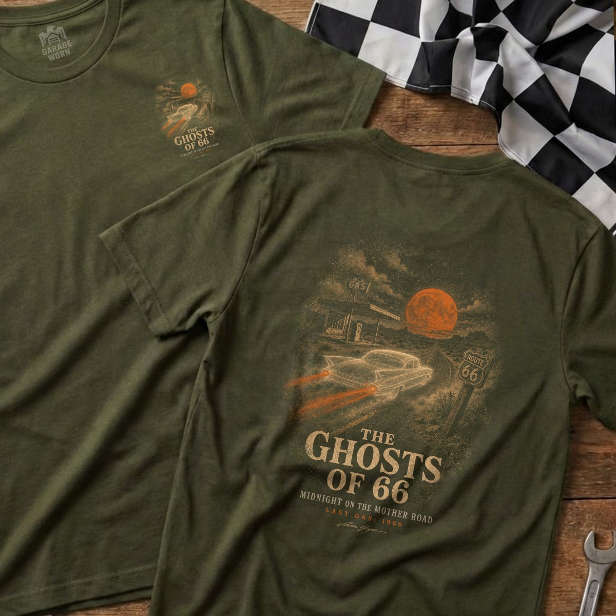 Olive green t-shirt with "The Ghosts of 66" graphic featuring a vintage car on Route 66.