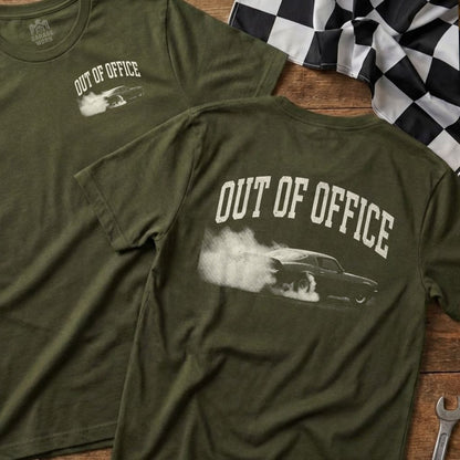 Olive green t-shirts with "OUT OF OFFICE" and a smoking car graphic.