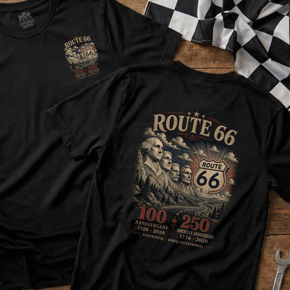Route 66 shirt with Mount Rushmore and anniversary dates.