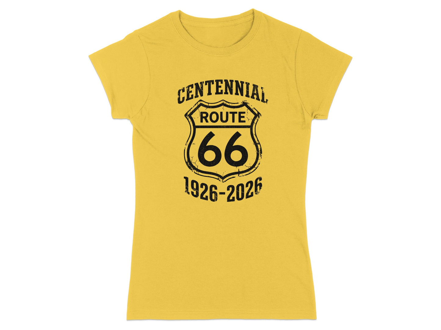 Yellow t-shirt with Route 66 centennial graphic, 1926-2026.