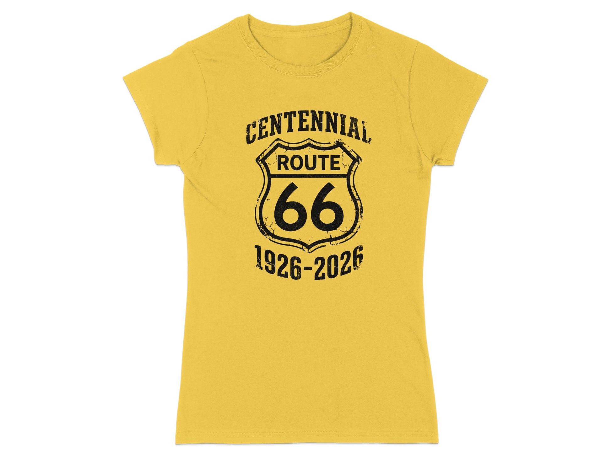 Yellow t-shirt with Route 66 centennial graphic, 1926-2026.