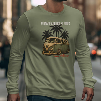 Green long sleeve shirt with vintage van, palm trees, and text.