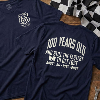 Navy t-shirt with Route 66 centennial graphic and text.