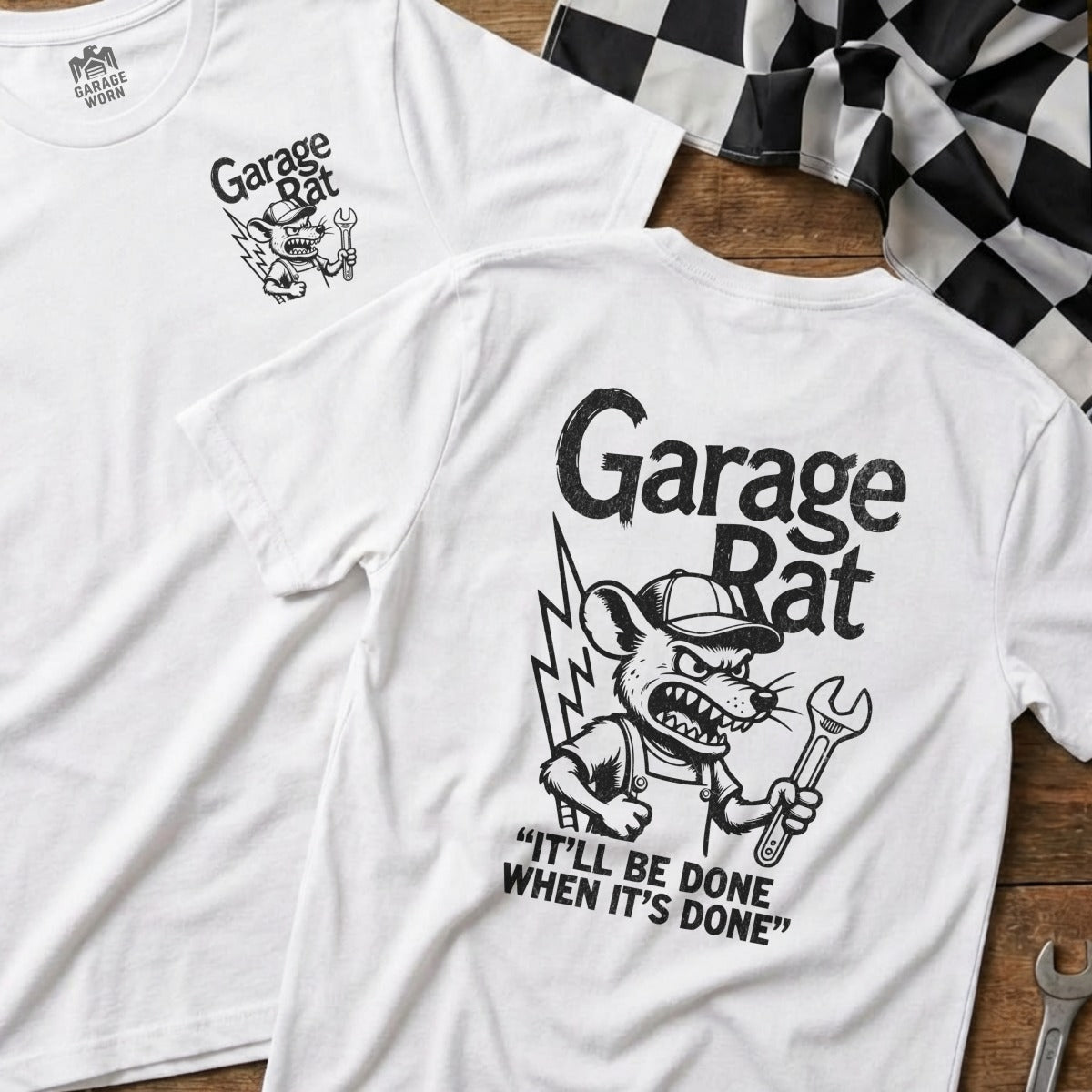 White t-shirt with "Garage Rat" logo and wrench on front and back.