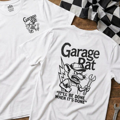 White t-shirt with "Garage Rat" logo and wrench on front and back.